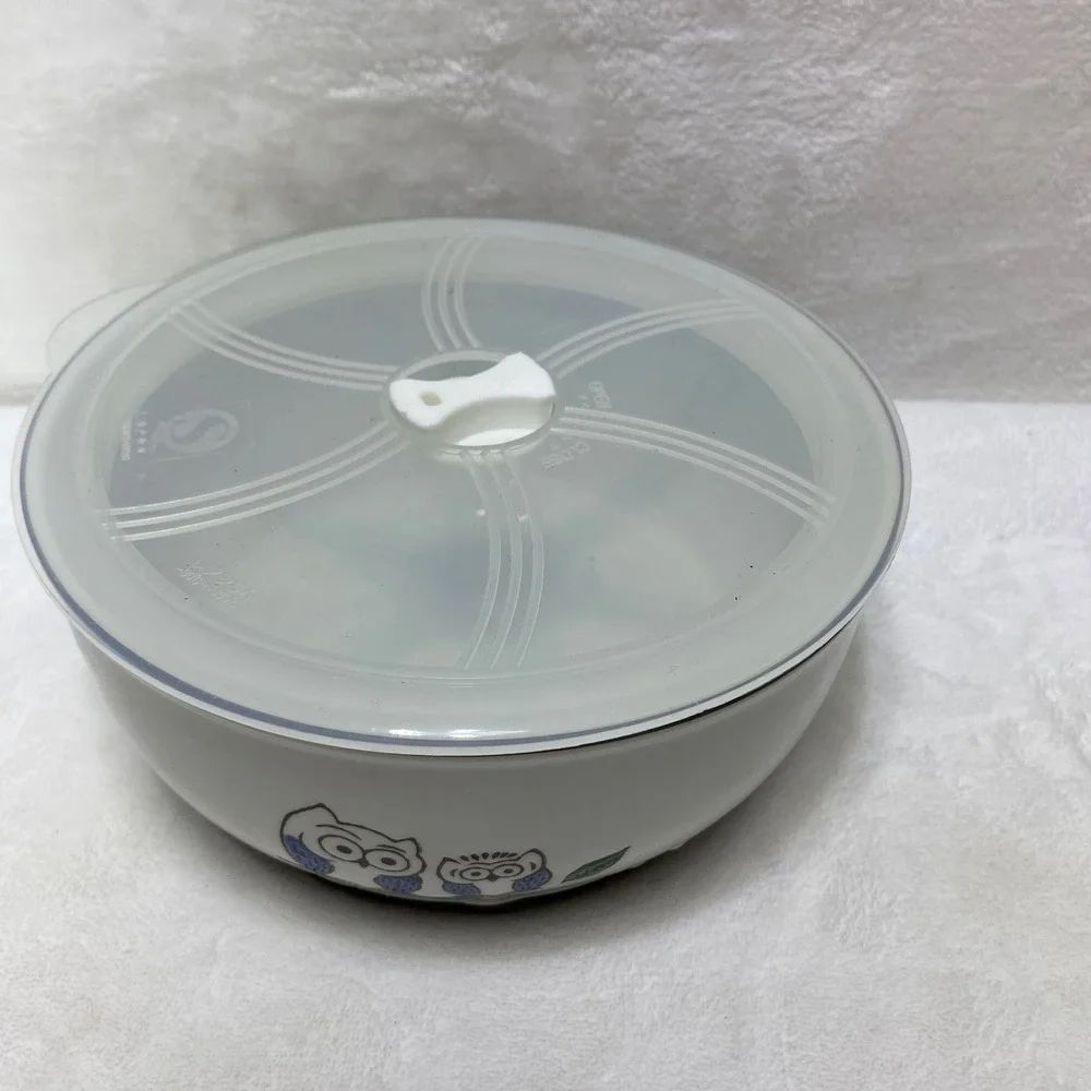 Yokohama Studio Hand Painted Ceramic Owl Food Storage Bowl Vented Lid White Blue